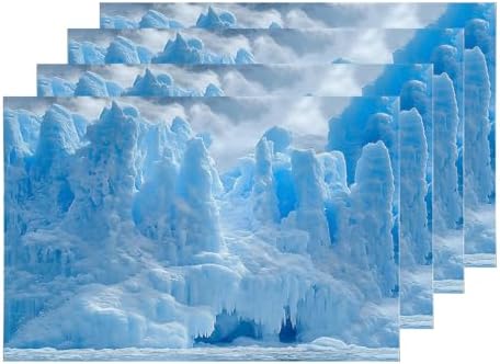 Shrahala Winter Icicle Blue Set Of 4 12 X 18 Inch Linen Placemats , White Mist Snow Scene Burlap Table Mat Washable Double Layered Heat Insulation For Indoor/Outdoor