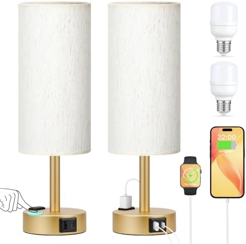 Touch Bedside Table Lamps Set of 2 - Bedroom Lamp with USB A+C, AC Outlet