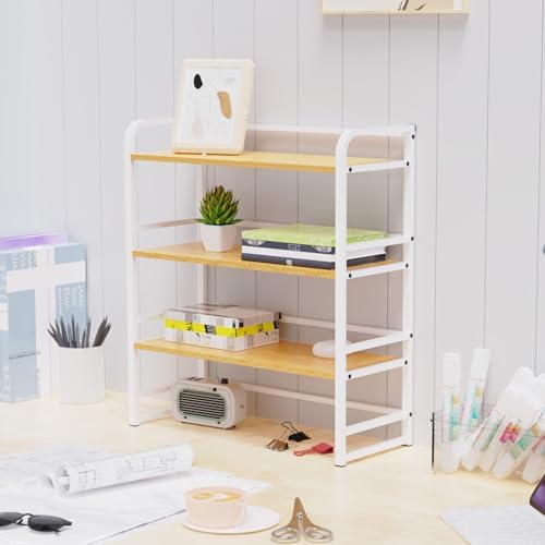 Office Desk Shelf Organizer, Wood Desktop Bookshelf Supplies Storage Rack, Shelf for Top of Desk and Dresser and Cubicle Decor Aesthetic Bookshelf (White Wood, Three Tier, 15.75Lx7.87Wx22.05H)