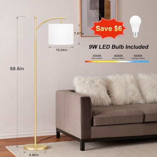 Ambimall 60" Floor Lamp for Living Room with 3 Color Temperatures, Adjustable White Shade with Gold Pole, Tall Lamp for Bedroom Office Classroom Dorm Room, 9W LED Bulb Included