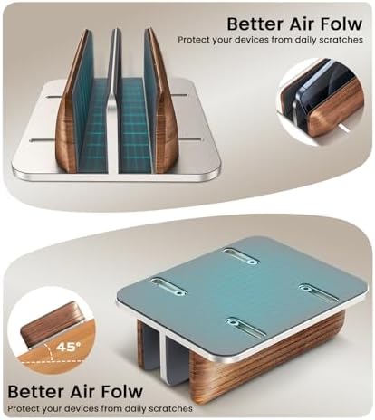 LOXP Vertical Laptop Stand, Dual Slot Wooden + Aluminum Laptop Holder