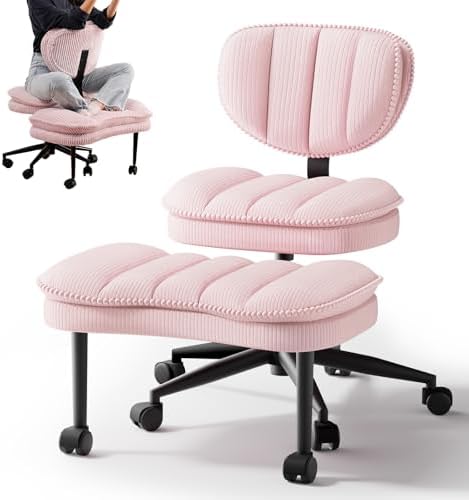 Cross Legged Office Chair, Ergonomic Cloud Criss Cross Desk Chair, Meditation Chair with Wheels, Height Adjustable Seat for ADHD, Wide Kneeling Chair with Back Support,Pink