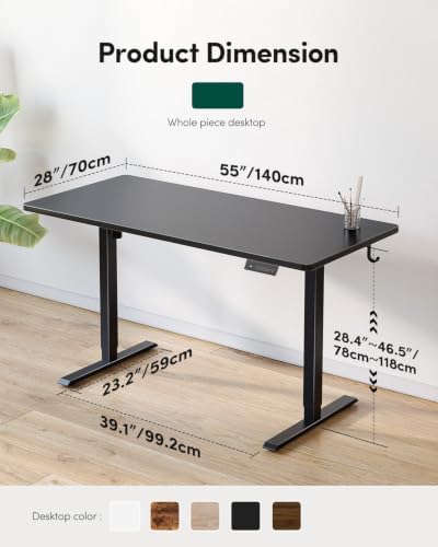 CubiCubi 55 x 28 Large One-Piece Electric Adjustable Standing Desk, Black