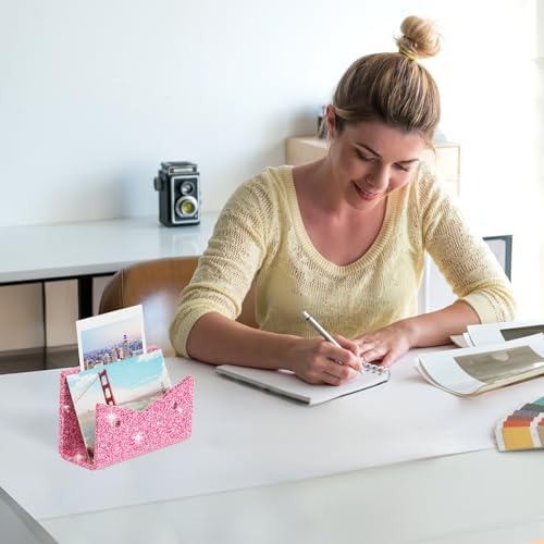 Mail Organizer Envelope Holder - Glitter Pink Acrylic Mail Holder Countertop Vertical Desk Organizer Small File Bill Document Notebook Letter Sorter for Home School Office Supplies