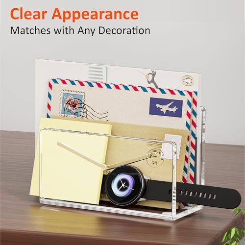 FUCDTEFC Acrylic Mail Holder, Clear Acrylic File Letter Organizer, Vertical Envelope Mail Holder for Desk, Lightweight Countertop Bill Holding Sorter Letter Invoice Stand for Home Office School