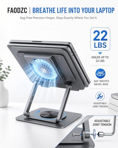 360° Rotating Laptop Cooling Pad with Detachable Magnetic Fan & 4 USB 3.0 Hub, Foldable Ergonomic Computer Riser, Compatible with MacBook Pro, Compatible with Dell, Fits 10-17” Laptops