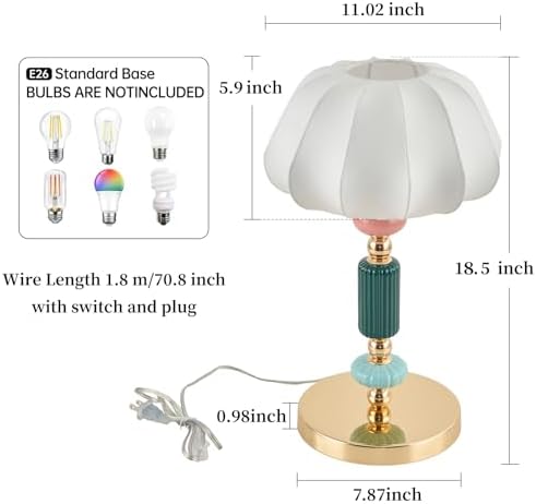Modern White Fabric Table Lamp Plug in Metal Base Desk Light with Plug Cord Switch for Bedroom Bedside Living Room