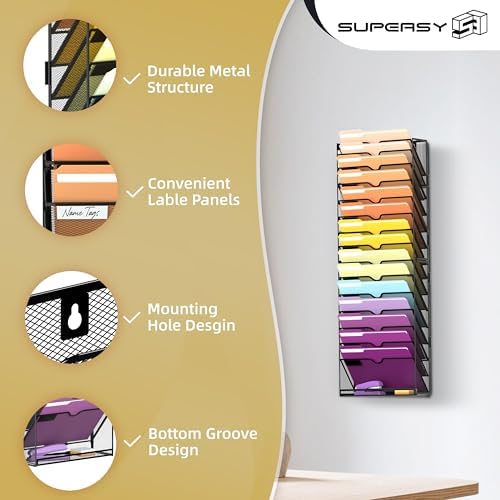 SUPEASY 16-Tier Hanging Wall File Holder Organizer for Papers, Folders, Files Clipboard & Magazine Organization Great for Office Home, Assembly Needed, Black