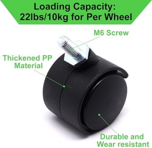 1 Inch Stem Swivel Casters Set of 4, M6 Threaded Stem Swivel Caster Wheels, 360° Rotation Heavy Duty Replacement Castors for Furniture Table Drawer Cabinet Plant Shelf Chair Wheels (Black)