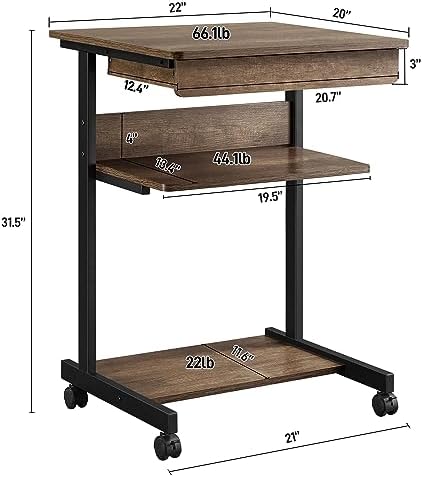 Yaheetech Tiny Mobile Computer Desk,3-Tier Rolling Cart Drawer,Taupe Wood