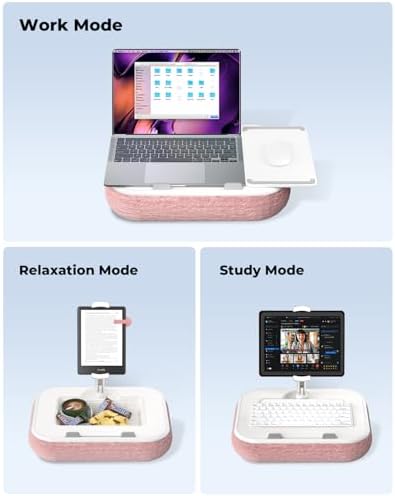 Viozon Kindle Pillow Stand Holder, Phone Holder for Bed, Laptop Lap Desk with Mouse Pad,Compatible with 4.7-13" Kindle/Tablet/Phone,10-15" Laptop, Snack Bowl&Cup Attachment&Detachable 360° Stand Arm,P