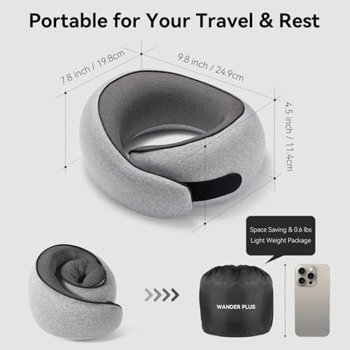 WANDER+® Travel Neck Pillow, Pure Memory Foam Neck Pillow for Airplanes, Comfortable Breathable Cover, 360 Degree Support Ergonomic Design Best for Sleeping Plane Train Travel Essentials Max Grey
