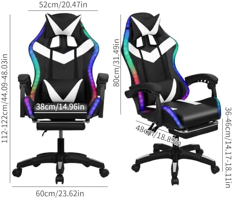 Gaming Chair with 2 Bluetooth Speakers & Lights, Ergonomic High-Back Office Chair with Headrest & 135° Recline, 360° Swivel Height Adjustable Faux Leather Computer Chair for Gaming, Office & Study