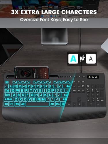 SABLUTE Large Print Wired Keyboard, Ergo Wrist Rest, 7 Colors Backlight