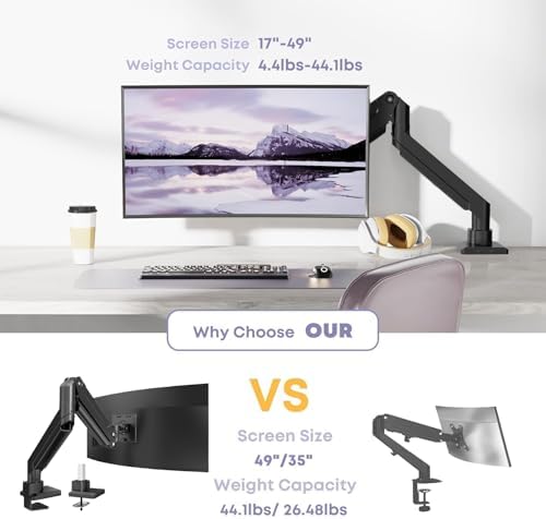 Heavy Duty Monitor Arm for Ultrawide Screens up to 49 inch and 39.6lbs, Premium Aluminum Single Desk Mount Stand with Gas Spring, VESA 75x75/100x100