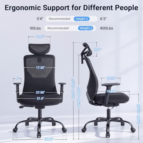 HYLONE Big and Tall Office Chair, High Back Mesh Chair with Adaptive Gravity Balance Recline, Adjustable Headrest & Lumbar Support, Comfortable Home Office Chair, X-Frame Structure