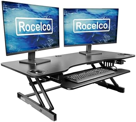 Rocelco 45" Height Adjustable Standing Desk Converter - Slide Out Retractable Keyboard Tray - Sit Stand Up Triple Monitor Riser - Dual Piston Lift Tabletop Computer Workstation - Black (R ADRB-45)