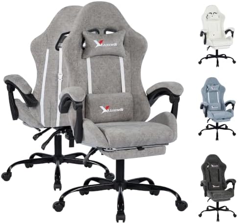 Fabric Gaming Chair for Adults, Ergonomic Computer Office Desk Chair with Footrest,Pocket Spring Cushion, Reclining High Back Silla Gamer for Home Office, Light Grey