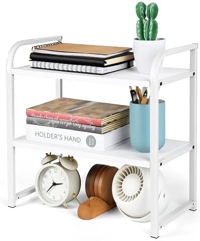 Desktop Shelf Organizer Office Desk Shelf for Top of Desk Wood & Metal Bookshelf Supplies Storage Rack (White)