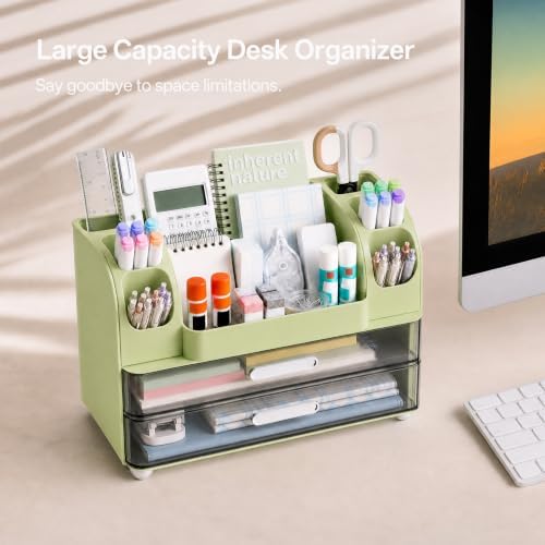 HBlife Desk Organizer with Pencil Pen Holder for Desk, Pen Organizer with 2 Drawers, Desk Organizers and Accessories with Compartments, Desktop Storage for Office, Home, School, Art Supplies, Green