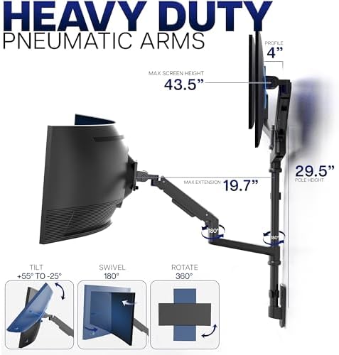 VIVO Pneumatic Arm Triple Ultrawide Monitor Wall Mount for Up to 49 inch Screens with Height Adjustment, Heavy Duty, Holds 3 Ultra Wides Up to 35.2 lbs, Black, MOUNT-VW300D