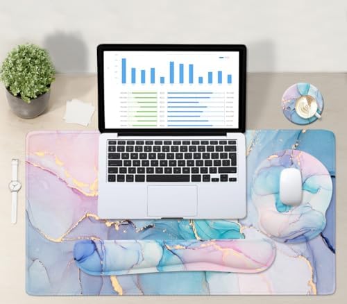 4-in-1 Gaming Mouse Pad Wrist Support Set，Desk Pad + Mouse Pad with Wrist Rest + Keyboard Wrist Rest + Coaster, Ergonomic Design for Home Office Study Game - Blue Marble