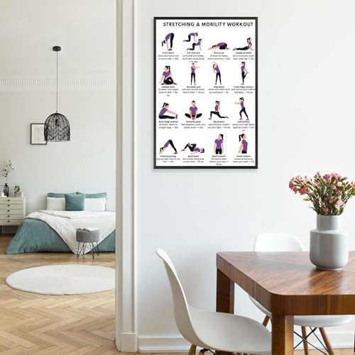 Stretching & Mobility Workout Poster, 16 Illustrated Full-Body Flexibility Chart with Timed Hold Guides, Bodyweight Daily Stretch Reference for Desk Soreness & Post-Workout Joint Recovery(20x30inchs，Unframed)