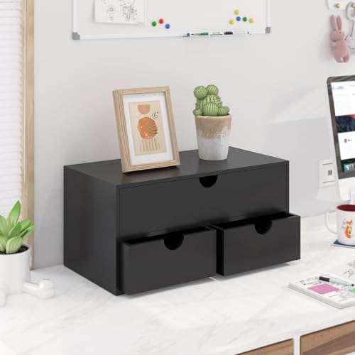 Bamboo Desk Organizer with Drawers Desktop Storage Drawers for Bills Office Supplies Kitchen Utensils Organizing Tool for Home Classroom Organization No Assembly (Black)