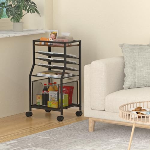 BOHDK Rolling File Cart, 6-Tier Desk File Organizer on Lockable Wheels, Brown Wood Planks & Mesh Sliding Hanging Folder Drawer, Organization Cart for Office Home School