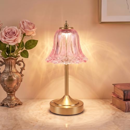 Cordless Table Lamp, Rechargeable Pink Glass Tulip Flower Touch Lamp