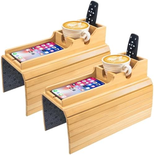 Yoshiky 2 Pack Bamboo Couch Armrest Table, Couch Arm Tray with Removable Couch Cup Holder, 2 in 1 Design Foldable Anti-Slip Bamboo Couch Tray and Sofa Cup Holder for Drink