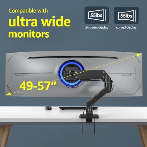 BEWISER Heavy Duty Monitor Arm for 34-49 inch and 57 inches Screen Aluminum Single Gas Spring Monitor Arm Mount Suit for Flat/Ultrawide/Cruved Screen Height Adjustable Holds 44lbs Black
