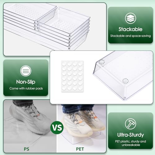 Criusia Drawer Organizer Set, Acrylic Non Slip Non Cracking Kitchen Drawer Storage Tray Large Size Divider, Multifunctional Storage for Cosmetics, Bathroom, Tools, Kitchen and Office (8 PACK)