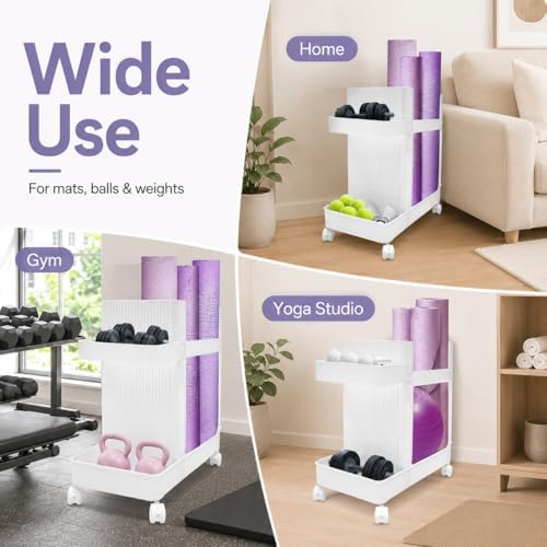 Home Gym Storage,2 Tiers Workout Equipment Organizer with Wheels Workout Equipment Storage Organizer Yoga Mat Storage Racks Home Gym Storage Rack for Yoga Mats, Foam Roller, Dumbbells