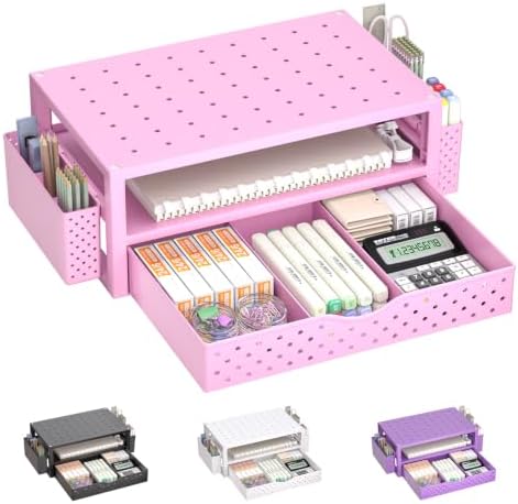 WALI Desk Organizer with Drawer and Pen Holder, 3 Tier Computer Monitor Stand for Home Office Supplies, Laptop Stand Riser for Computer, Laptop, Printer(PTT004-P), 1 Pack, Pink