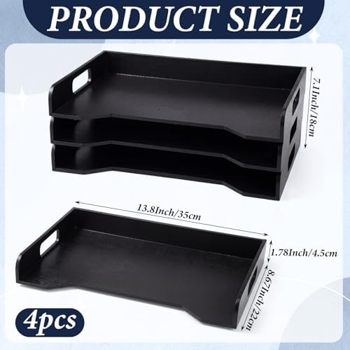 Yinkin Wooden Stackable Paper Trays 4-tier Wooden Paper Organizer for Desk Letter Documents Woodens Desktop File Organizers for Desktop File Holder and Office Supplies Rack for Home Office Use (Black)