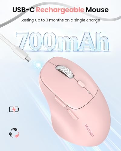 TECKNET Wireless Mouse Bluetooth 5.0/3.0 & 2.4G Rechargeable, Silent Clicks, Adjustable 4800 DPI, 6 Buttons, Ergonomic Design, Bluetooth Mouse for Laptop, Computer, ipad - Pink