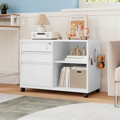 MIIIKO 3 Drawer File Cabinet with Lock, Metal Lateral Rolling Printer Stand Filing Cabinets for Home Office Storage,A4, Letter,File Folders(White)