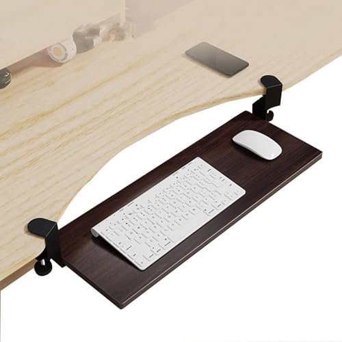 Clamping Computer Keyboard and Mouse Tray, Pull Out Platform Drawer with 45° Adjustable C-Clamp, Under Desk Keyboard Tray Slide Out, Easy to Install (Vintage Brown)(75x24cm)