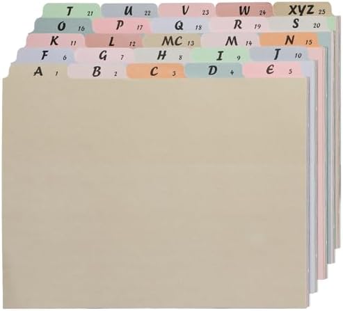 1 Set A-Z Alphabetic and Number Top Label Files, Legal Size, 25 Sheets File Dividers 1/5 Cut Label File Cabinet Dividers Desk Organizer for Office, Home and School (Classic)