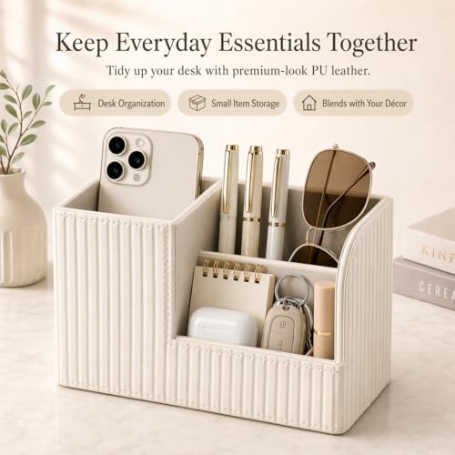 KINGFOM Desk Pen Organizer Office Supplies Caddy Pu Leather Multi-function Storage Box Pen/Pencil,Cell phone, Business Name Cards Remote Control Holder (Ivory White)