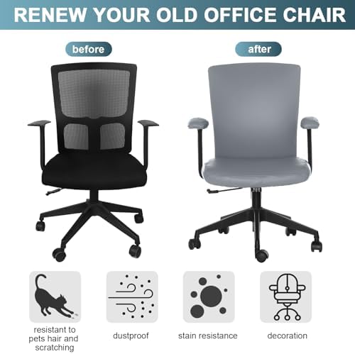Tallew 4 Pcs Office Chair Covers PU Leather Office Desk Accessories Universal Computer Chairs Cover Stretchable Protective Chair Seat Covers Desk Armrest Cover Slipcovers Rotating Backrest(Grey)