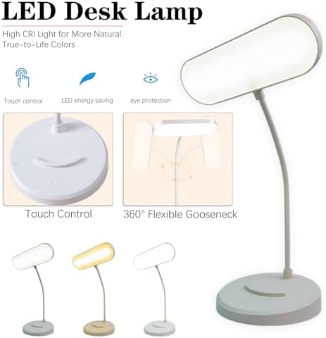 Desk Lamp, Eye-Caring LED for Students, Touch Dimmable, 3 Color Modes, USB-C Rechargeable, Flexible Gooseneck with Phone Holder, Study & Reading Lamp for Dorm/Office/Home