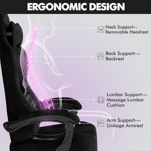 Soontrans Black Velvet Fabric Gaming Chairs with Footrest, Ergonomic Comfortable Video Gamer Chair, Reclining Office Computer Desk Game Chairs with Massage Lumbar Cushion,Headrest for Adult