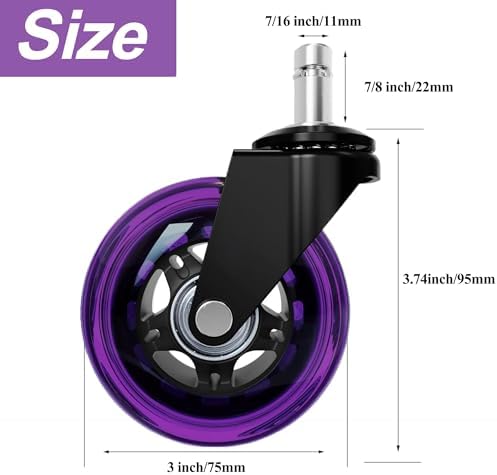 3" Office Chair Wheels, 11x22mm, Heavy Duty, Purple, Set of 5