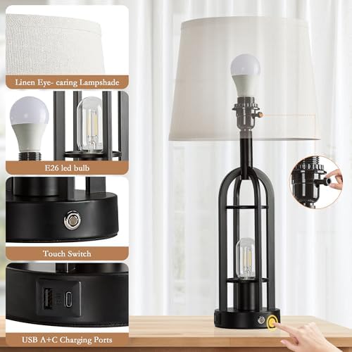 SRJJA 24" Farmhouse Touch Table Lamps for Living Room Set of 2 with USB A+C