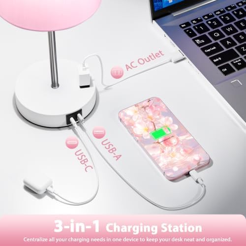 17.6" Pink Touch Lamps for Bedroom Set of 2 - Dimmable, USB C+A, AC Outlet