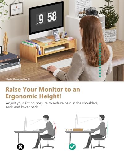 Ufine Bamboo Monitor Stand with Storage Compartments Small Desk Organizer