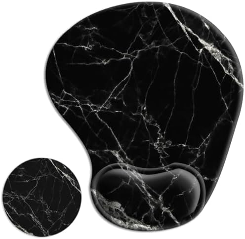 Ergonomic Mouse Pad with Wrist Rest Support Gel with Coaster, Cute Wrist Pad with Non-Slip Rubber Base, Easy Typing & Pain Relief, Black White Marble