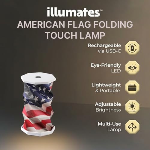 Origami Expanding Foldable LED Desk Lamp – USB Rechargeable & Portable - Dimmable Touch Control Light with Adjustable Height up to 5 1/2 for Office, Travel, Bedside & Modern Design (American Flag)